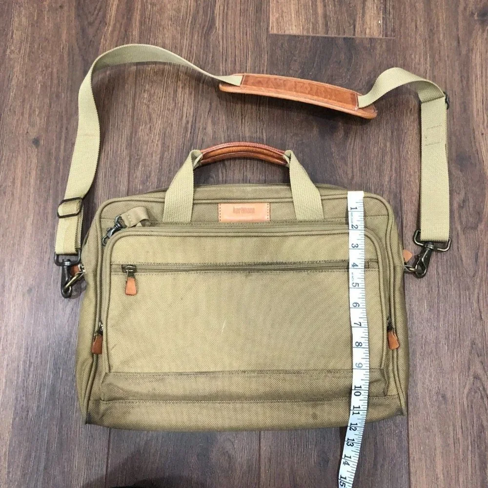 Hartmann Laptop Bag Nylon Tan Brown Leather Trim Shoulder Strap Crossbody